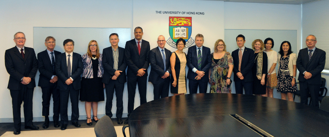 (From left to right) Professor David John Hill (HKU); Professor Jeffrey Riegel (U of Sydney); Professor Norman Tien (HKU); Professor Nicole Gurran (U of Sydney); Professor Chris Webster (HKU); Professor Derek Collins (HKU); Dr. Michael Spence (U of Sydney) ; Ms Janaline Oh, Acting Consul-General of Australian Consulate-General of HK; Professor Peter Mathieson (HKU); Professor Katherine Belov (U of Sydney); Professor John Kao (HKU); Ms. Wendy Haydon (Australian Trade Commission); Dr. Jenny Lam (HKU); Ms. Eve Ching (Australian Trade Commission); Professor Joe Dong (U of Sydney).